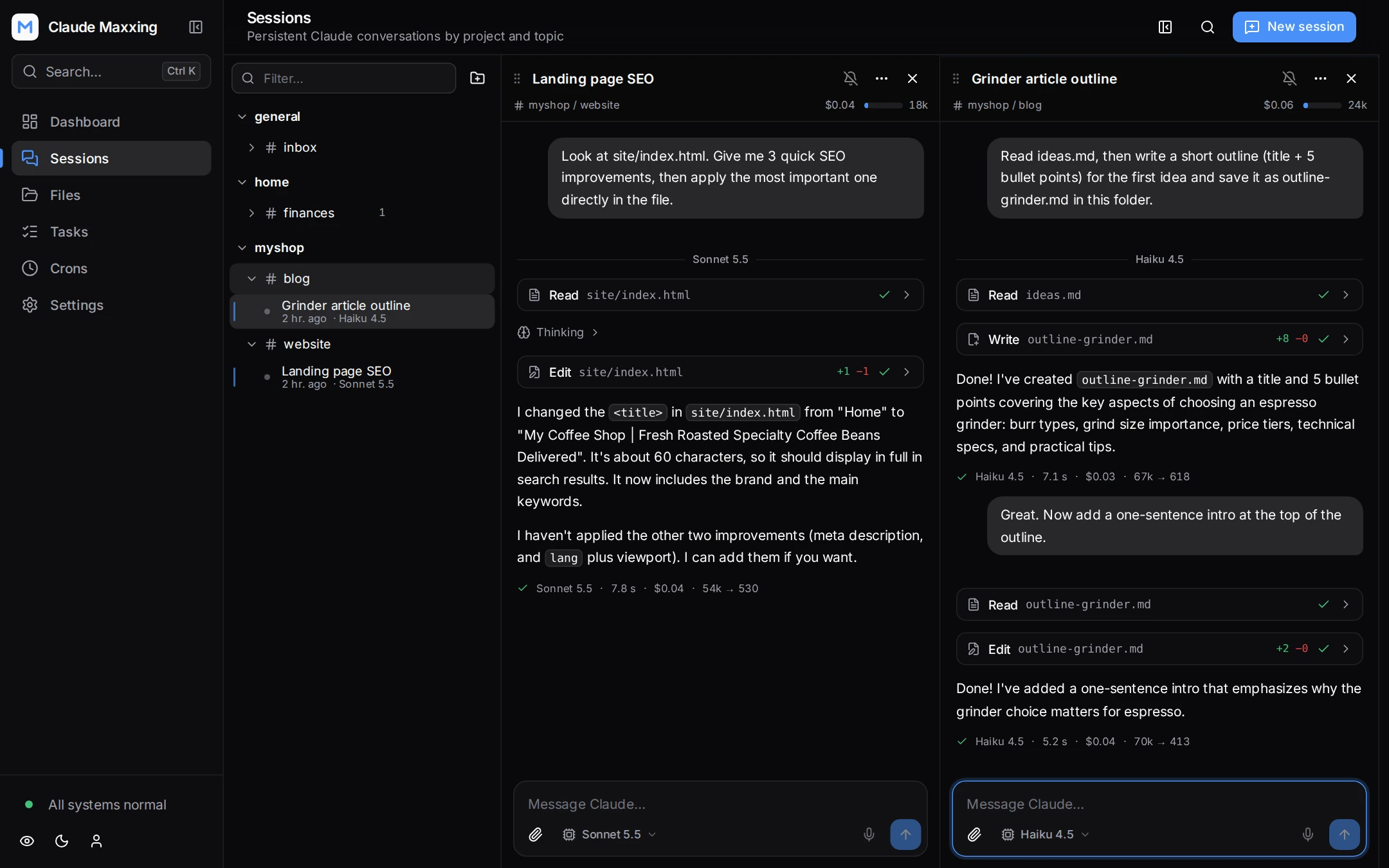 Two Claude sessions side by side, with tool calls and diffs